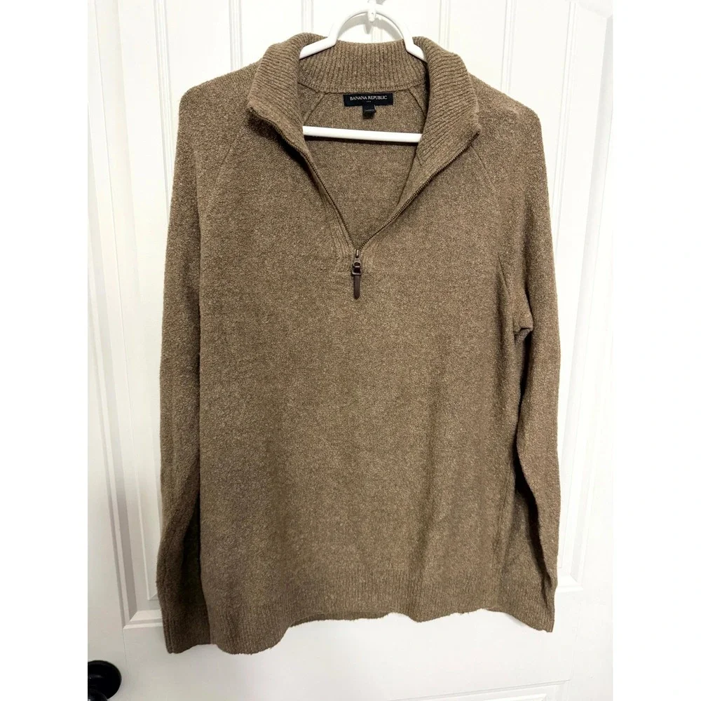 Banana Republic Quarter Zip Sweater Mens Medium Taupe Cotton Wool Textured 6397